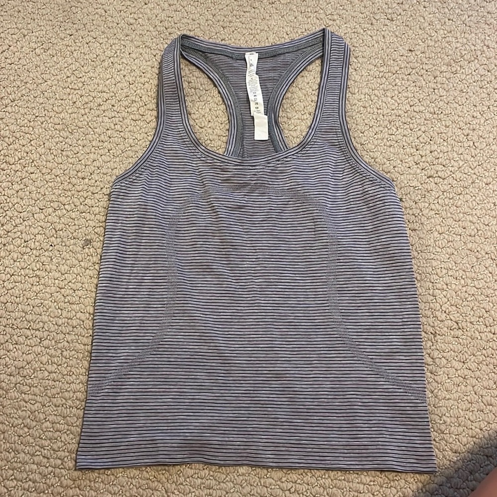 Lulu Grey black striped swiftly tech razorback tank top short length